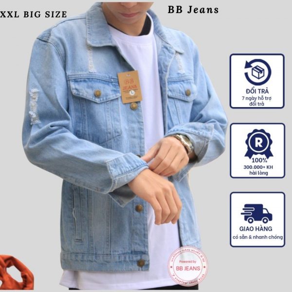 Áo khoác jean xanh rách form rộng size M-L-XL-XXL